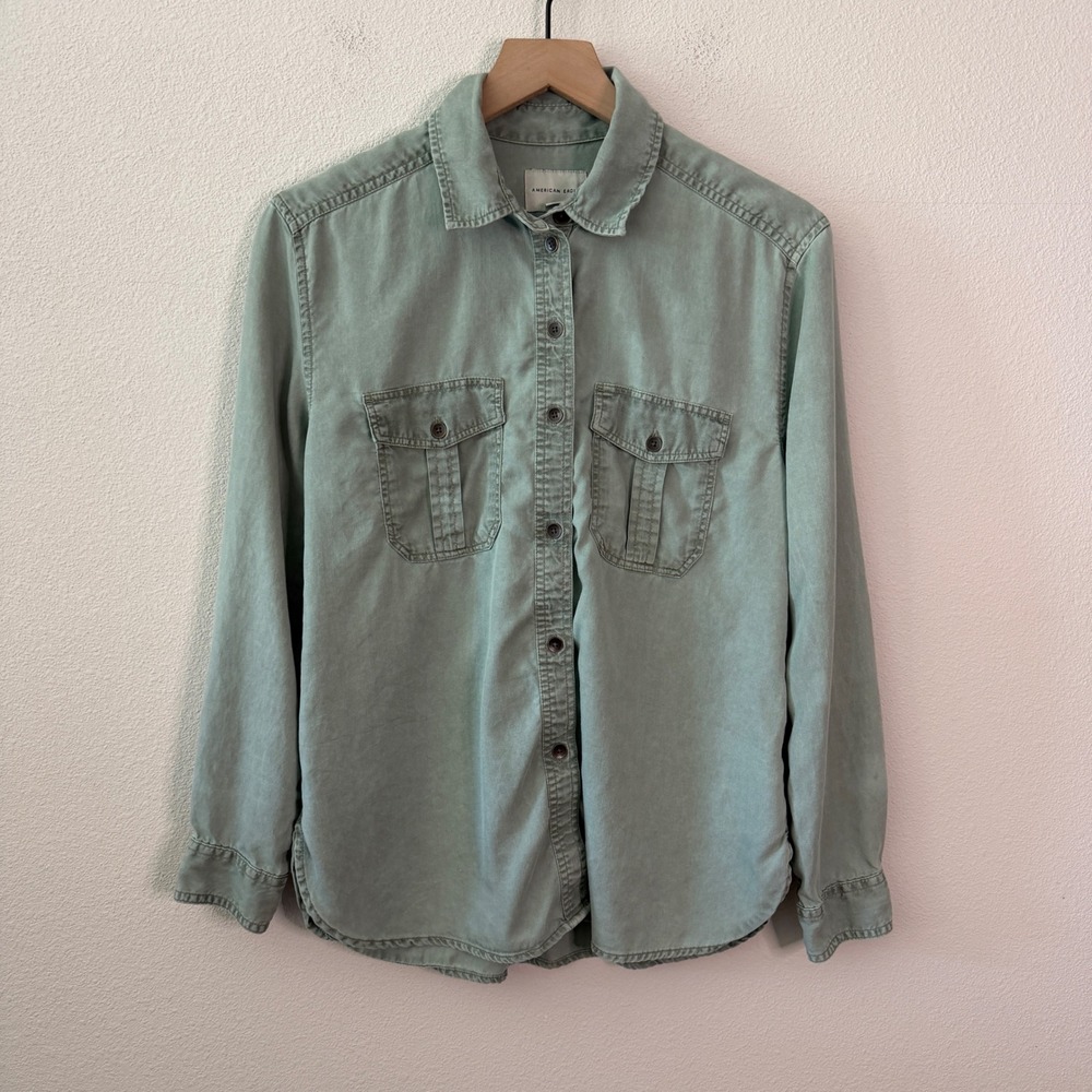 AMERICAN EAGLE Womens Green Button Down Shirt Size XS Boho Utility Western